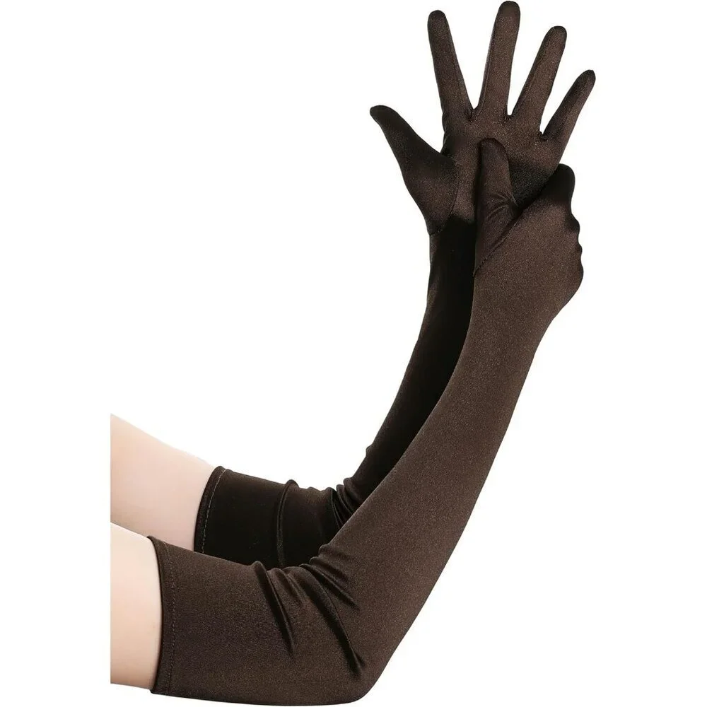Women's Brown Vintage Satin Long Gloves Party Tea Costume Stretchy Elbow Length
